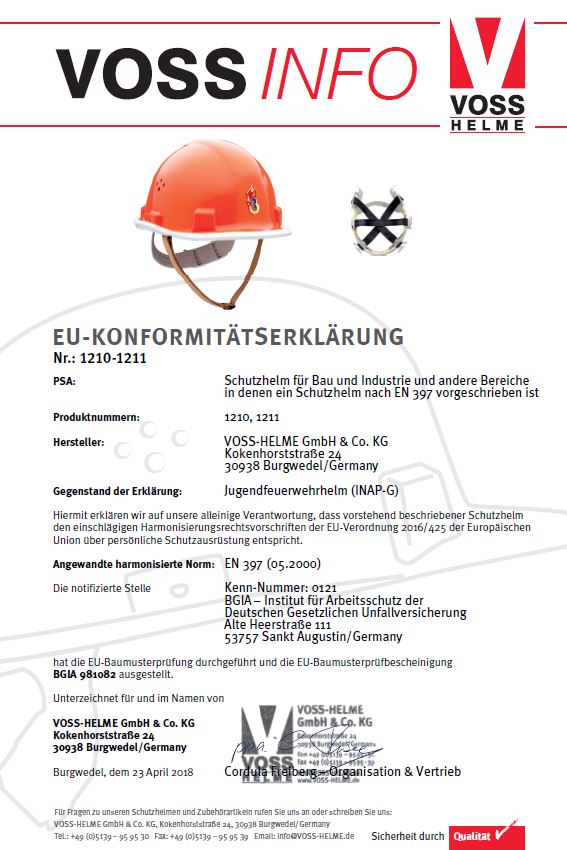 Konformitätserklärung für Jugendfeuerwehrhelm von Voss