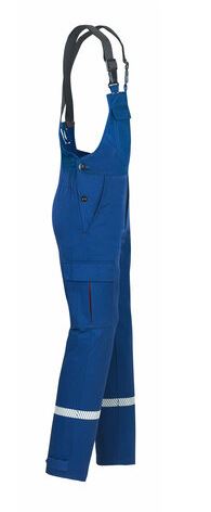 Seitenansicht von Latzhose in blau mit Reflektorstreifen