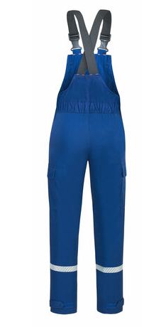 Latzhose in blau mit grauen Trägern
