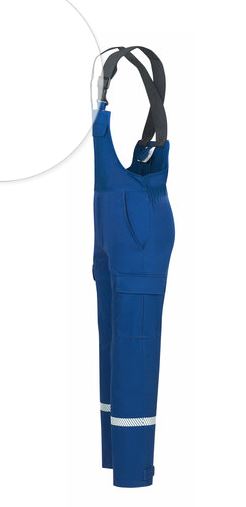 Seitenansicht von Latzhose in blau mit grauen Hosenträgern