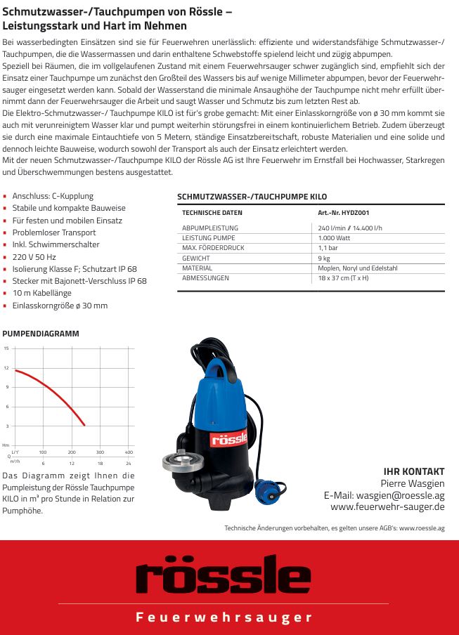 Tauchpumpe RÖSSLE Kilo, 240l/min, 230V und 30mm Korndurchlass, C-Anschluss
