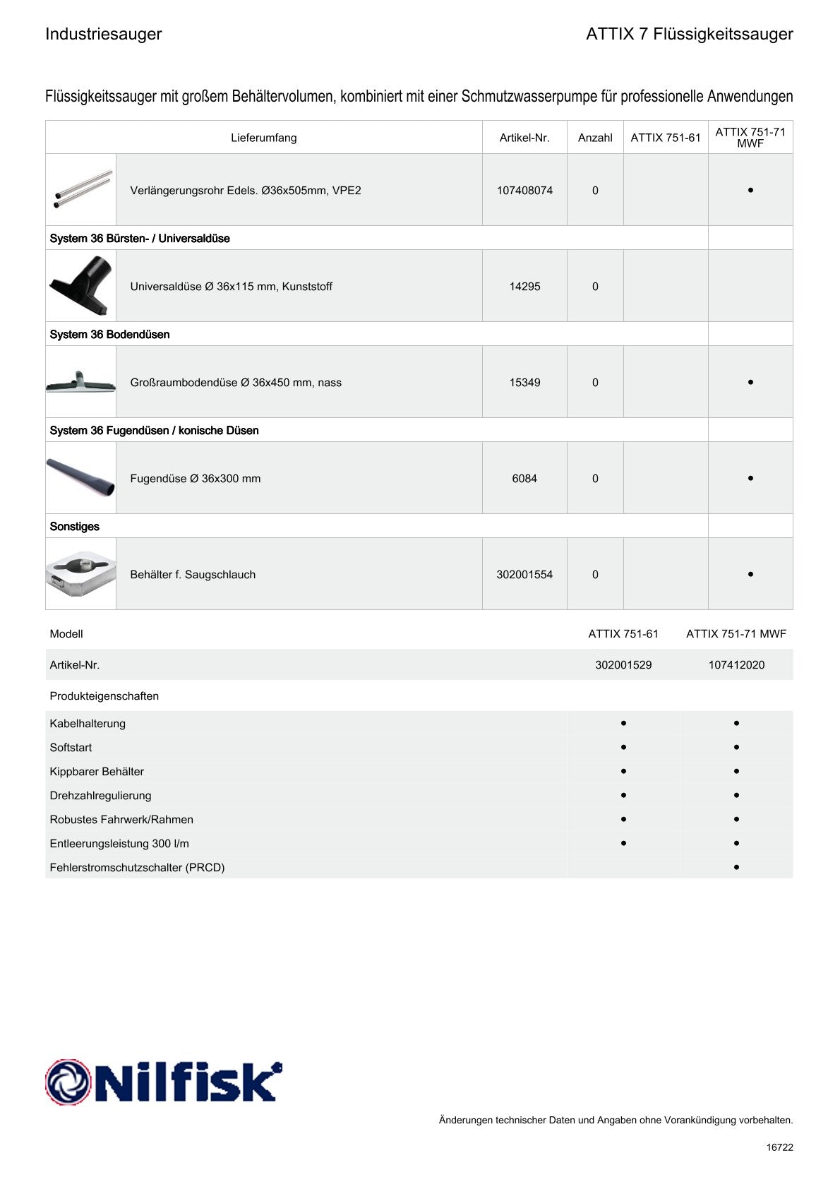 Feuerwehrsauger NILFISK ALTO ATTIX 751-71 MWF, mit Zubehör